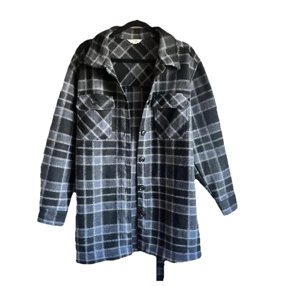Terra & Sky Womens 1X Black Plaid Button-up Coat Long Sleeve Tie Waist Shacket‎ - Picture 3 of 7